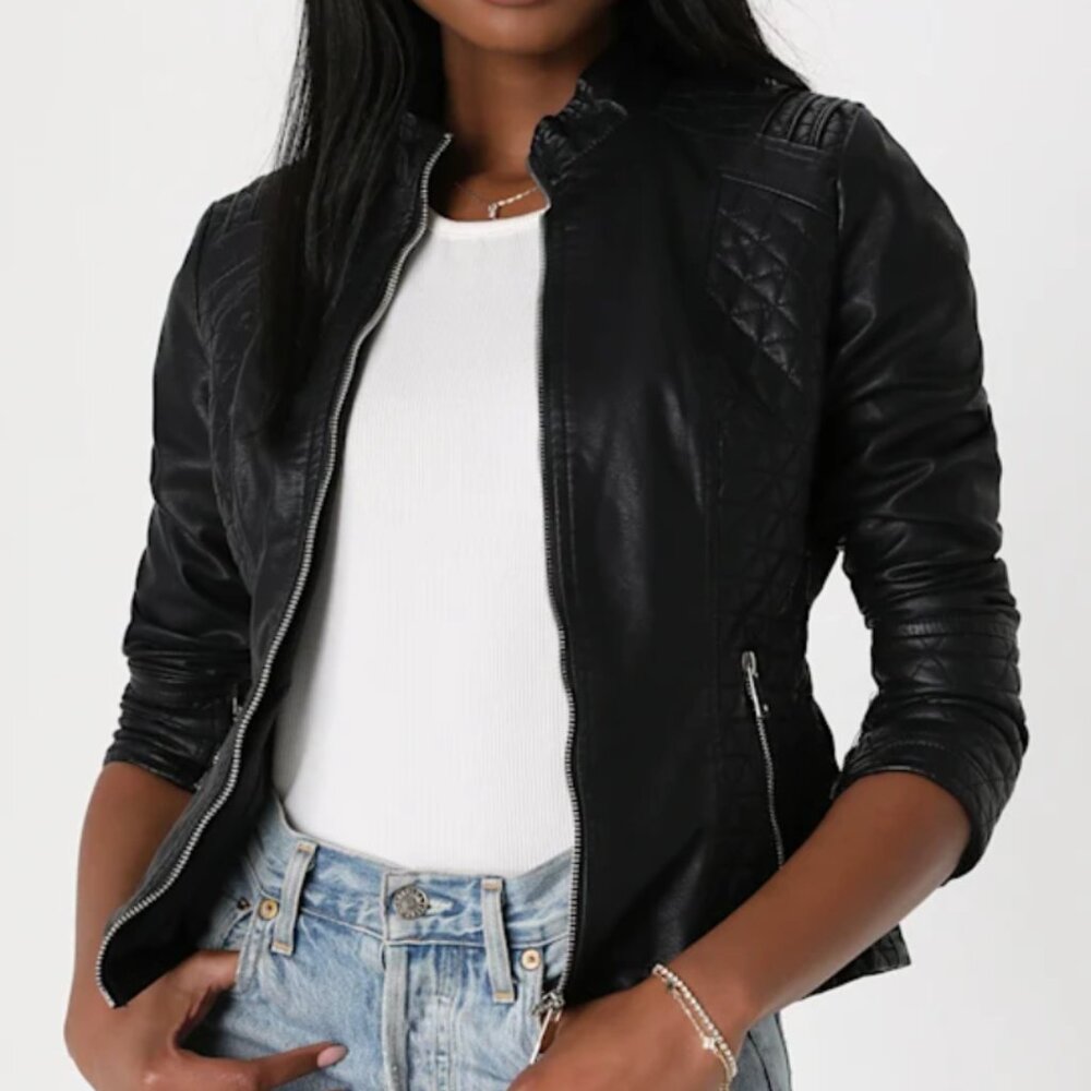 Lulu's Heartlines Black Vegan Leather Moto Jacket- Size L